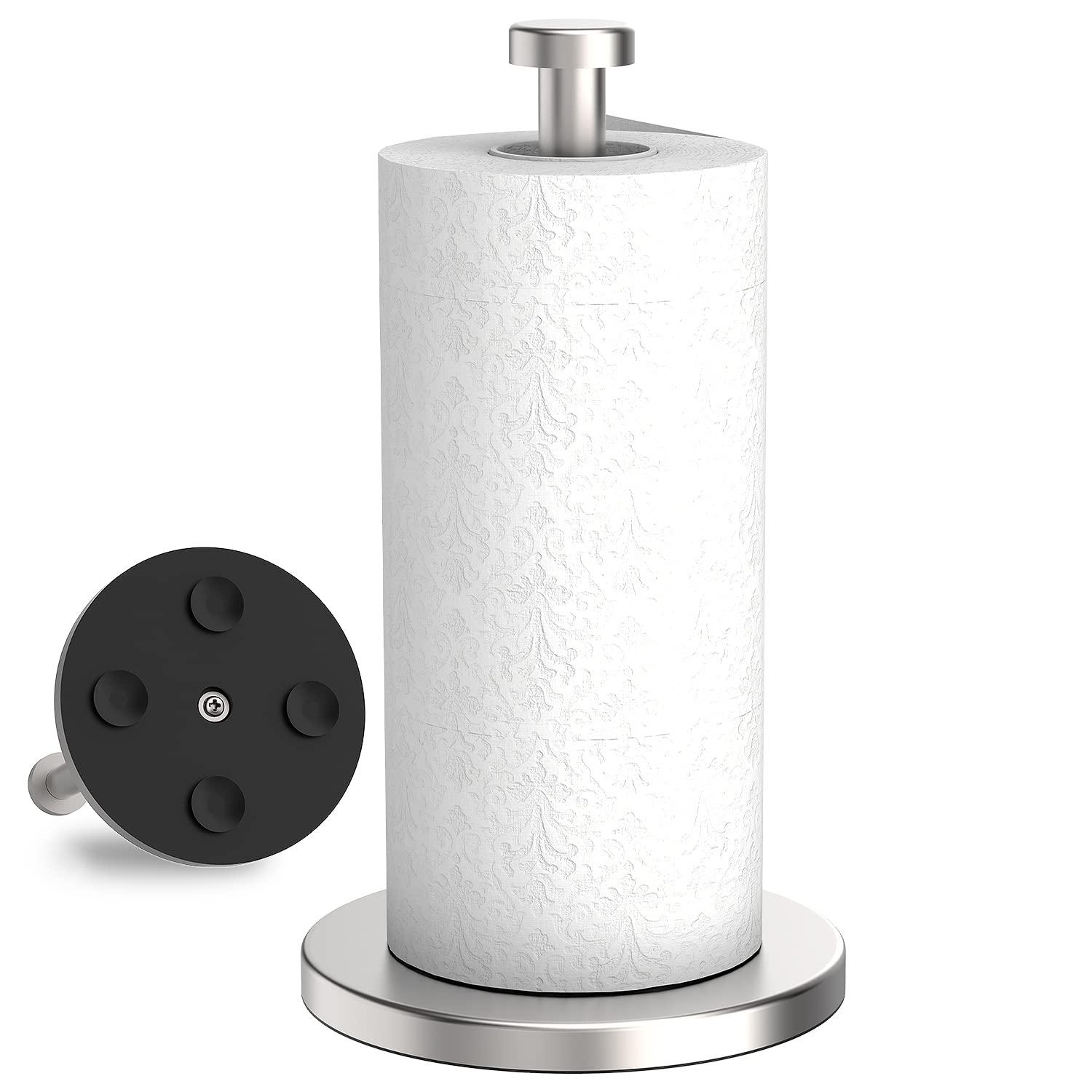 VEHHE Paper Towel Holder Countertop, Stainless Steel Paper Towel Holder Stand with Weighted Base Suction Cups, Standing Paper Towel Roll Holder for Kitchen Bathroom (Silver)