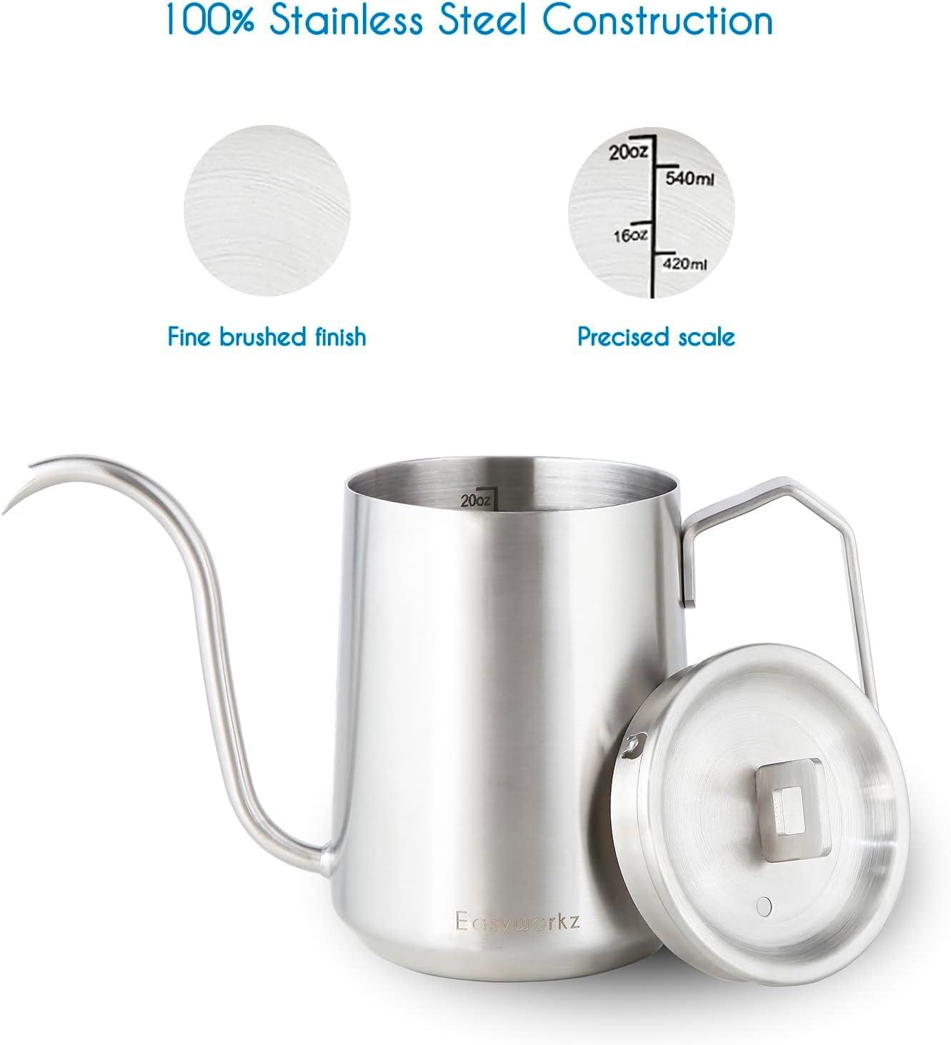 Easyworkz Gooseneck Pour Over Coffee Kettle 20 oz Stainless Steel Hand Drip Coffee Pot With Long Narrow Spout, Brushed Silver - Image 4