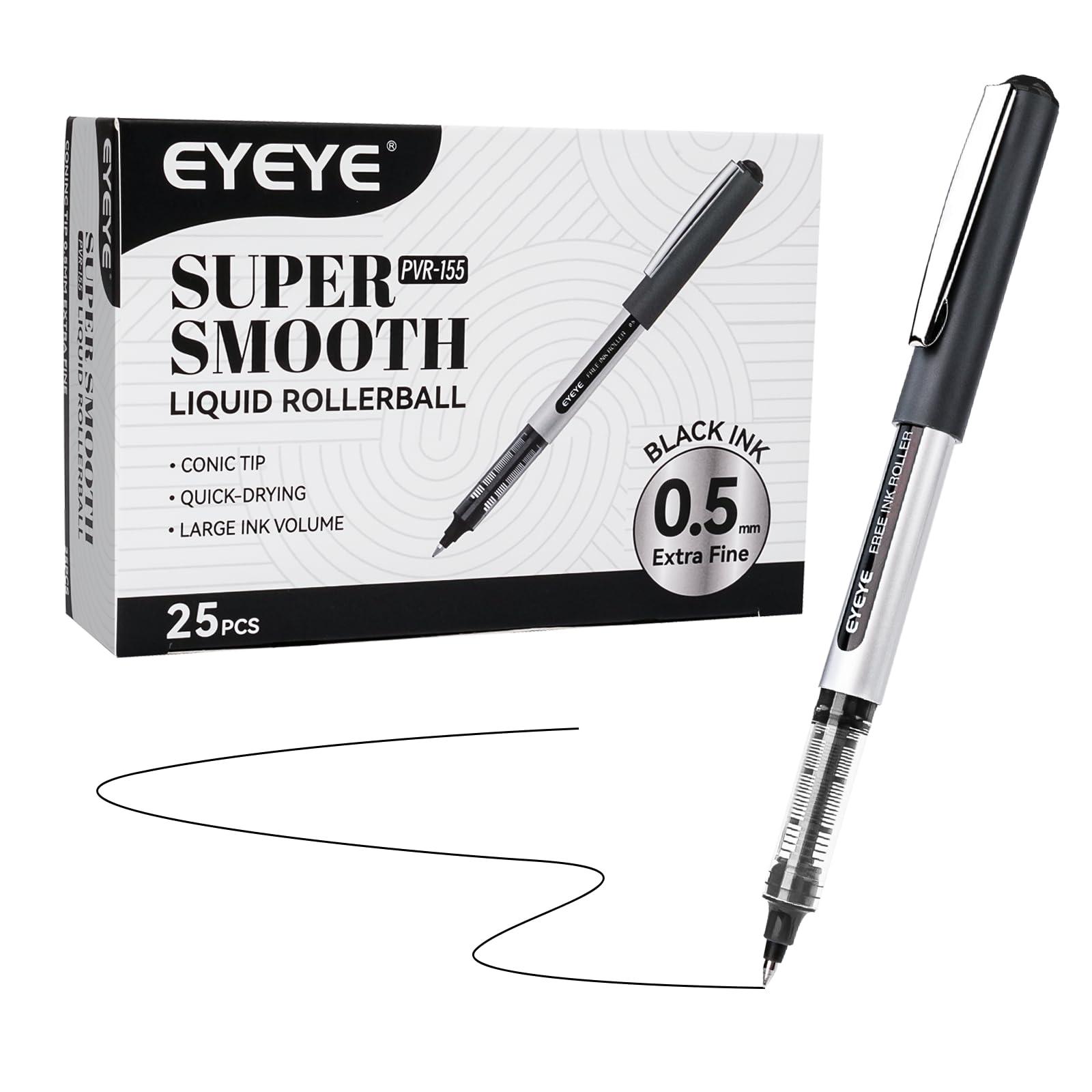 EYEYE 0.5mm Black Rollerball Pens 25 Pack, Extra Fine Point Roller Ball Pen Quick Dry, Liquid Ink Pens Fine Point Smooth Writing Pen for Journaling, Note Taking, Office, School Supplies