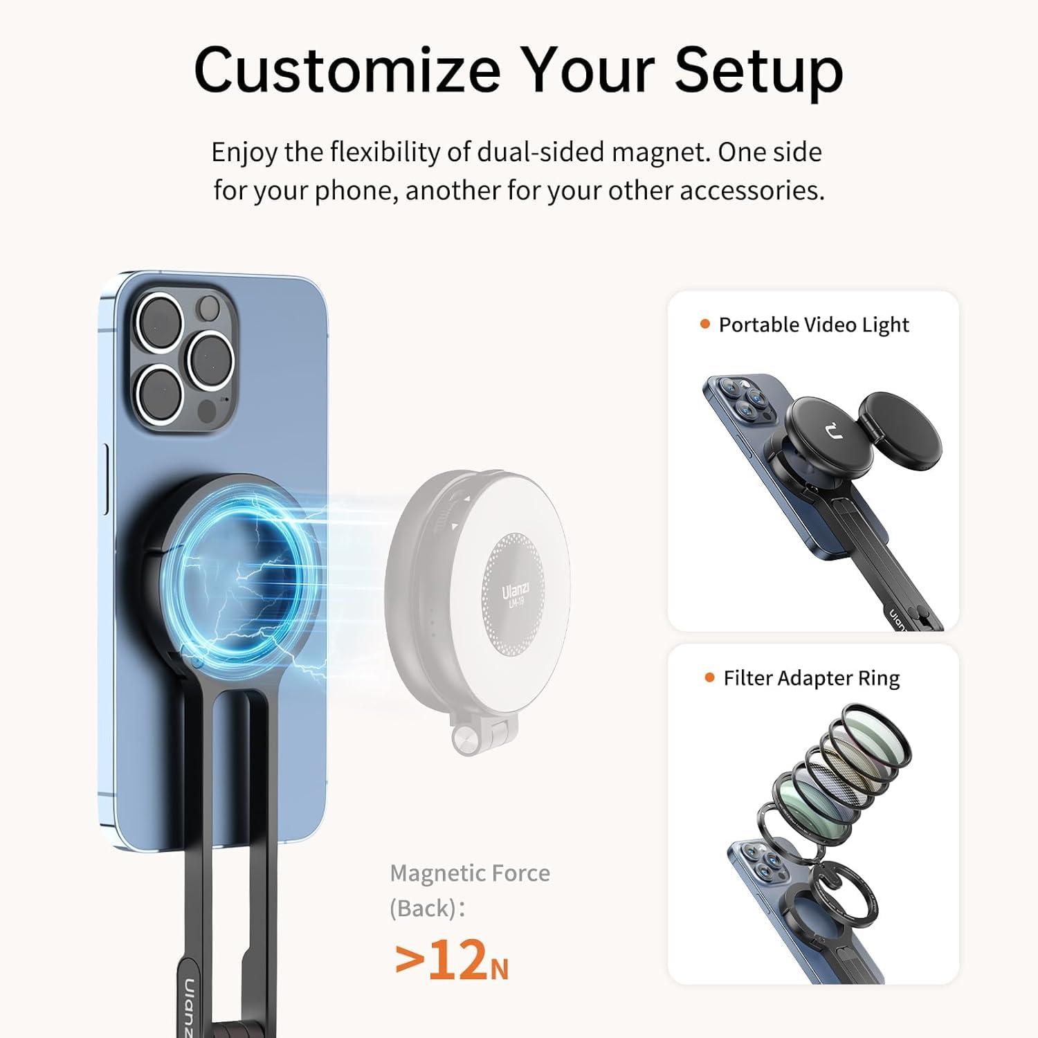 ULANZI MA30 Magnetic Phone Tripod Stand for iPhone - Aluminium Maglock Smartphone Mini Tripod Pocket Cell Phone Stand Strong Magnet Quick Mount Compatible with iPhone 16 15 14 13 12 Series, Black - Image 3