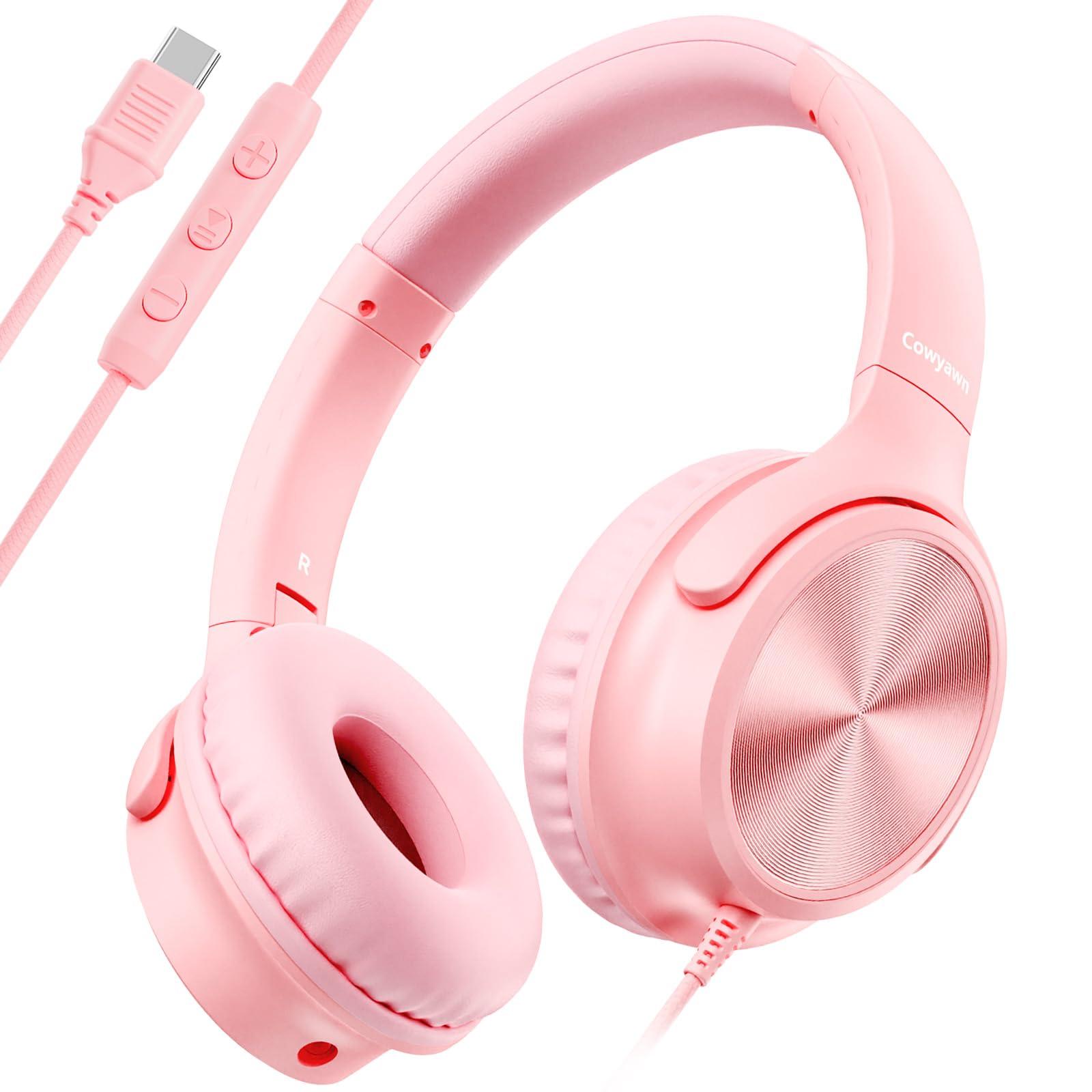 Cowyawn USB C Headphones Wired, Over Ear USB C Wired Headphones with Microphone, Volume Control, HD Stereo Sound, Foldable USB Type C Headphones for Adult/Teens/Chromebook/Laptop/Computer/iPhone,Pink