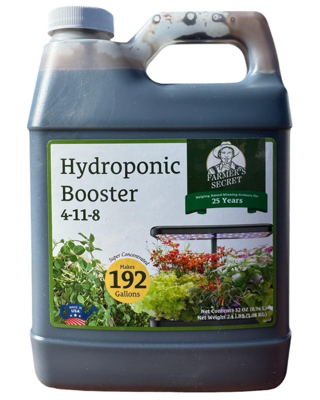 Farmer's Secret Hydroponic Booster Fertilizer - Super Concentrated 4-11-8 Formula - Use with Any Hydroponic or Aeroponic System - Great for Herbs, Veggies, Fruits, and More (32oz)