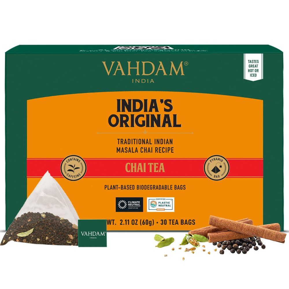 VAHDAM, India's Original Masala Chai Tea (30 Pyramid Tea Bags) Non GMO, Gluten Free, No Artificial Flavors | Blended w/Exotic Spices | Chai Tea Bags | Resealable Ziplock Pouch