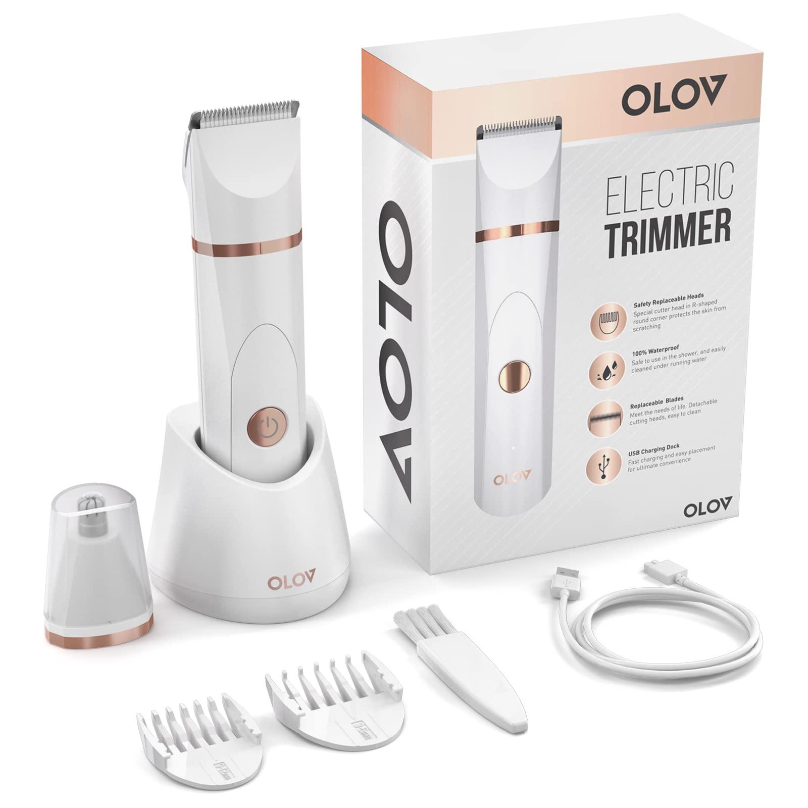 OLOV Electric Body Hair Trimmer - Groin Trimmer for Men - Bikini Trimmer Women - Wet/Dry Shaver Groomer, Replaceable Ceramic Blade Heads, USB Recharge Dock, Waterproof Hygiene Razor, White - Image 2