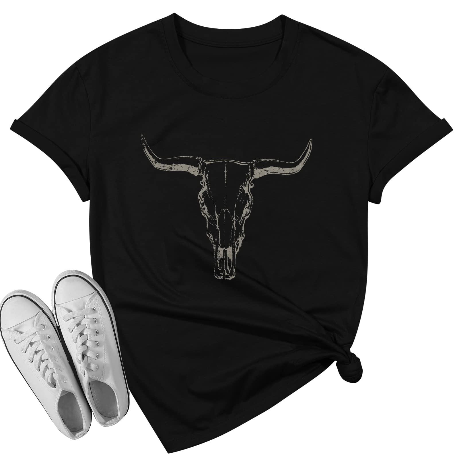 Boho Cow Skull Shirt Women Cowgirl t Shirt Vintage Western Rodeo Graphic Tee Short Sleeve Bull Skull Casual Top - Image 5