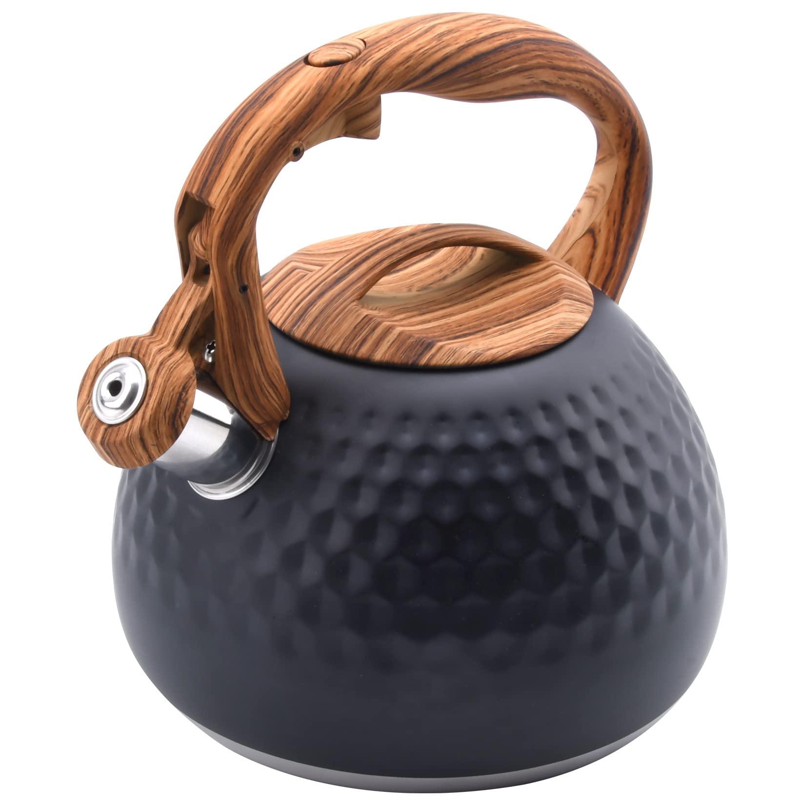 Foedo Tea Kettle Stovetop, 3.2 Qt Stainless Steel Whistling Kettle for Stove Top, Food Grade Teapot with Wood Pattern Handle for Coffee, Milk etc, Gas Electric Applicable (Black)