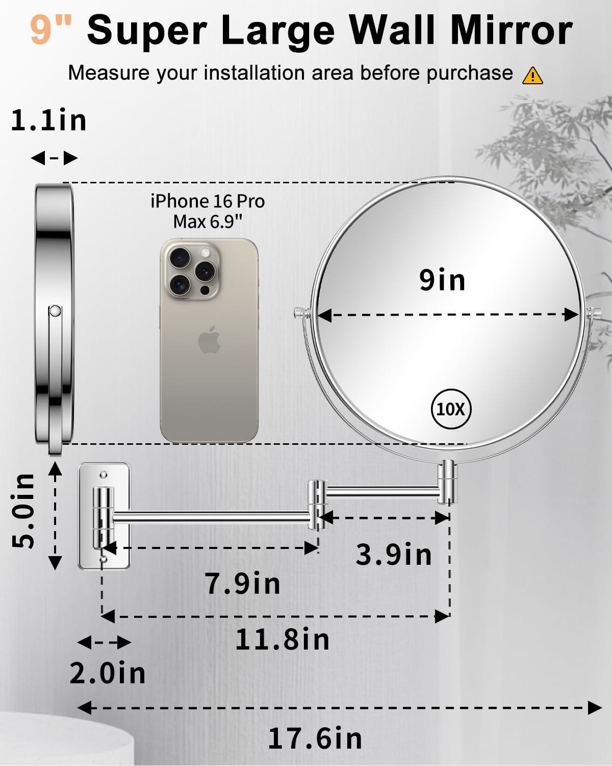 Gospire 9 Inch Extra Large Wall Mounted Mirror with 1X/10X Magnification, 360° Swivel & Extendable, Chrome Polished Finish for Bathroom Vanity, Shaving & Makeup (Men & Women) - Image 2