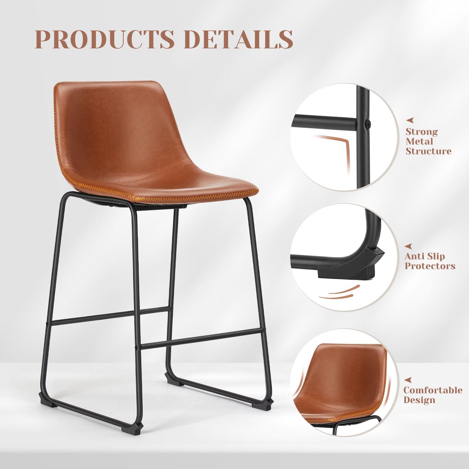 Sweetcrispy Counter Height Bar Stools Set of 2, 26 inch Leather Barstools Modern Bar Stools with Back, Counter Stool Armless Bar Chairs with Metal Legs, Footrest, Brown - Image 4