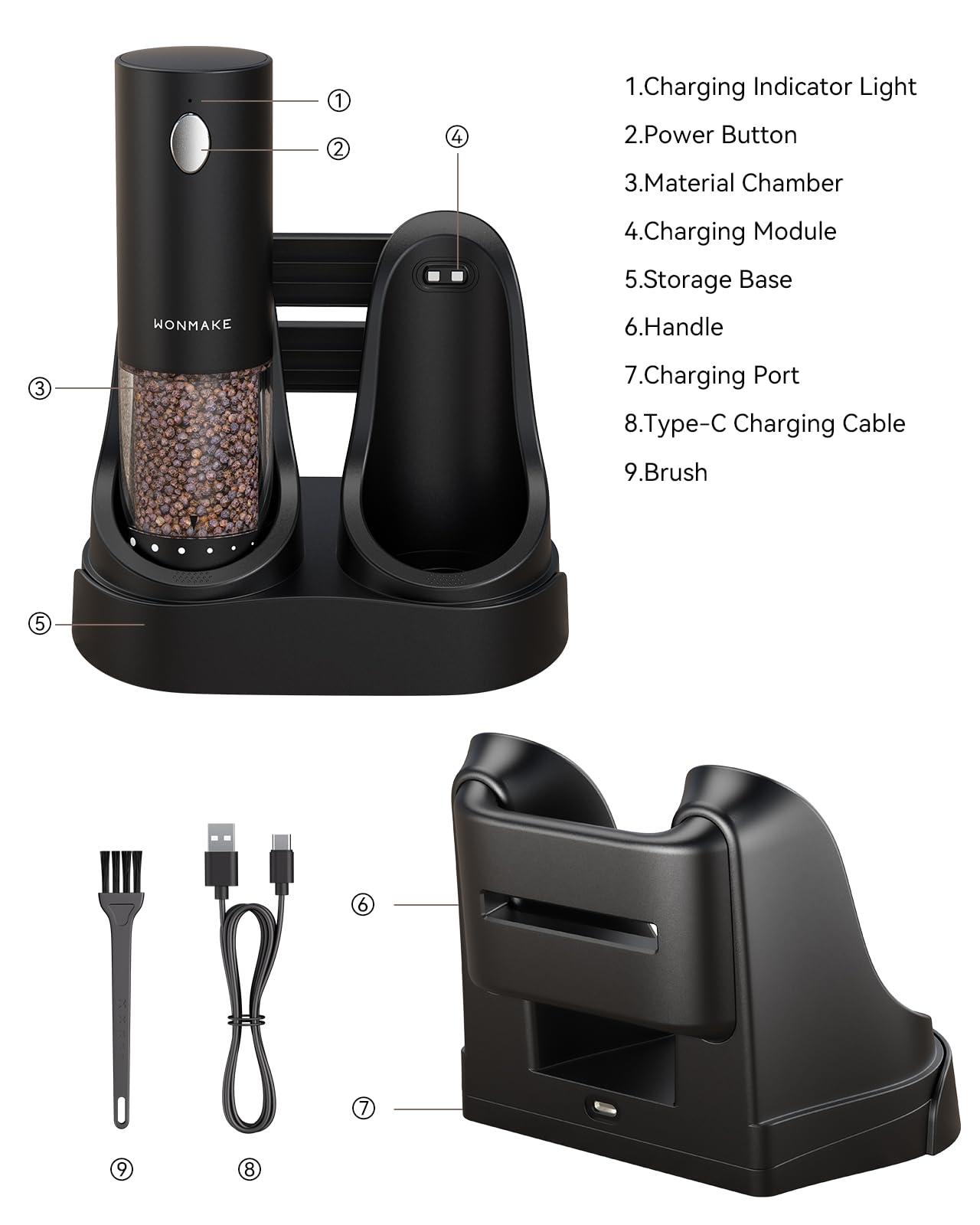 Electric Salt and Pepper Grinder Set - Automatic Refillable Salt and Pepper Grinders with Charging Base & LED Light, 6-Level Adjustable Coarseness with External Dial, Ideal Kitchen Gadget - Image 3