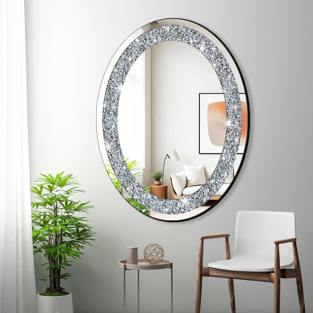 DMDFIRST Crystal Crushed Diamond Oval Shaped Silver Mirror Glam Bling for Wall Decoration 24x32x0.9inch Frameless Wall Hang Sparkly Glass Mirror Stunning Stylish Fashion Home Decor Decorative Mirror - Image 3