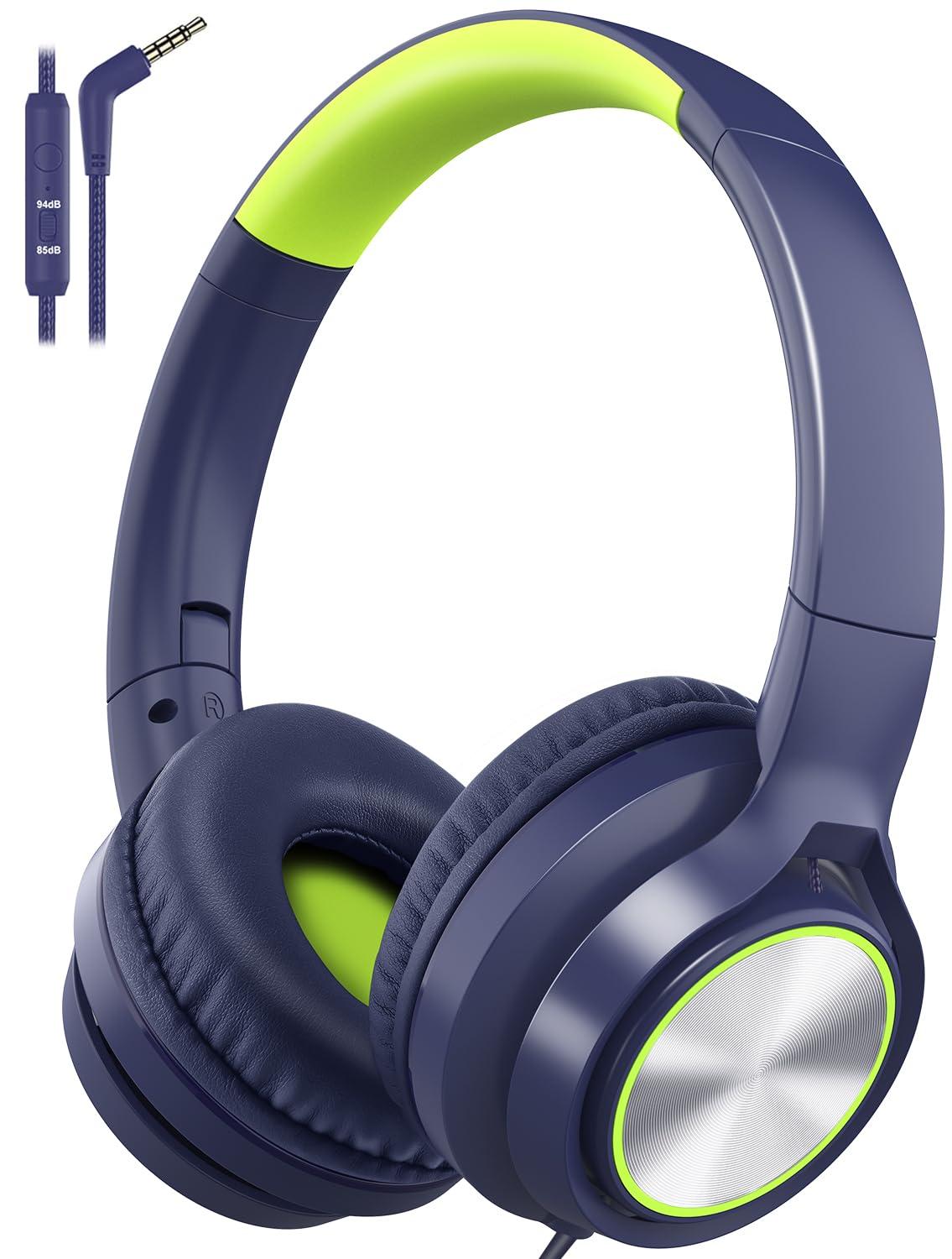 Kids Headphones with Cord , Wired Over Ear Headsets with Microphone Limited Volume 85dB/ 94dB, Portable Wired Headphones for Kids Boys Girls Teens Children Online School/Travel/iPad/Tablet/Cellphone