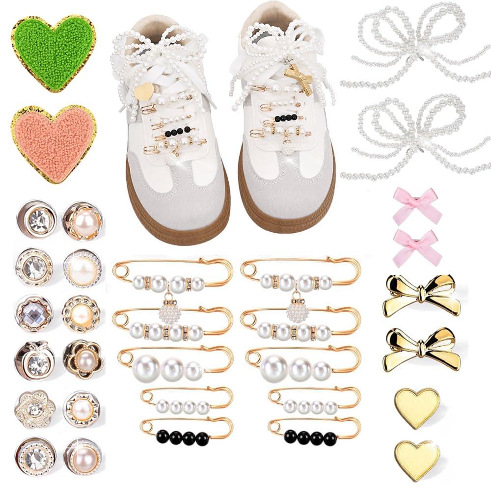 Lumtain 32PCS Shoe Charms for Sneakers - Bling Shoe Charms, Women and Girl Shoelace Jewelry, Brooches Laces Clothes Hats Junk Socks Suit