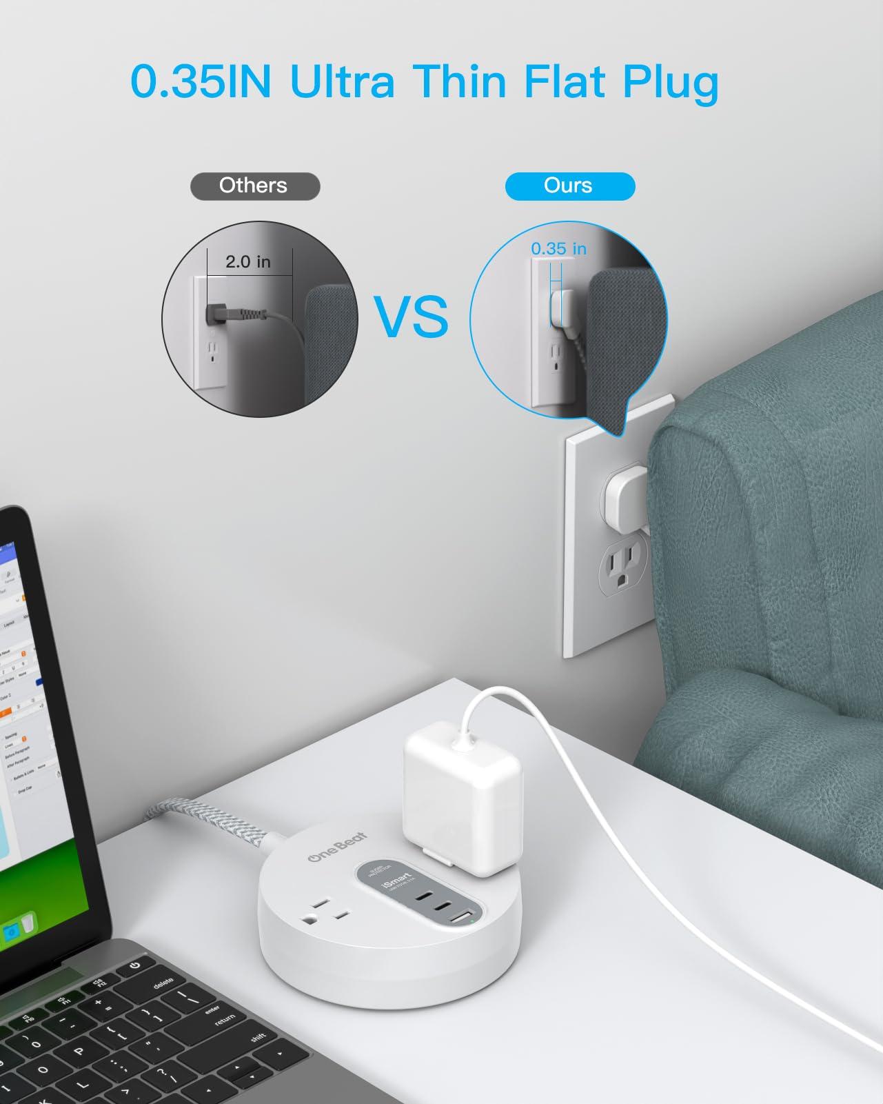 Power Strip Surge Protector with 2 USB C - Ultra Flat Plug Extension Cord with 2 Widely AC Outlets and 3 USB, Small Desktop Charging Station with 5 ft Power Cord, Compact for Travel Home Office Dorm - Image 2