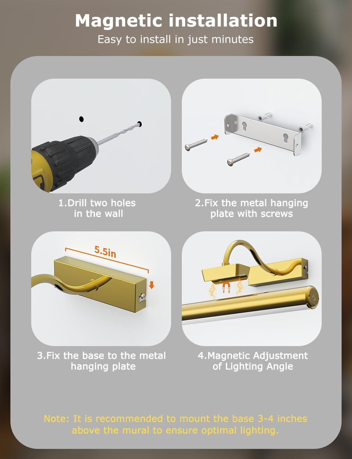 Picture Light Battery Operated, 13in Wireless Art Light for Paintings, Dimmable 5000mAh Recharging Battery Picture Light with Remote Control for Wall, Gallery Dartboard Art Bedroom (Gold-2Pack) - Image 6