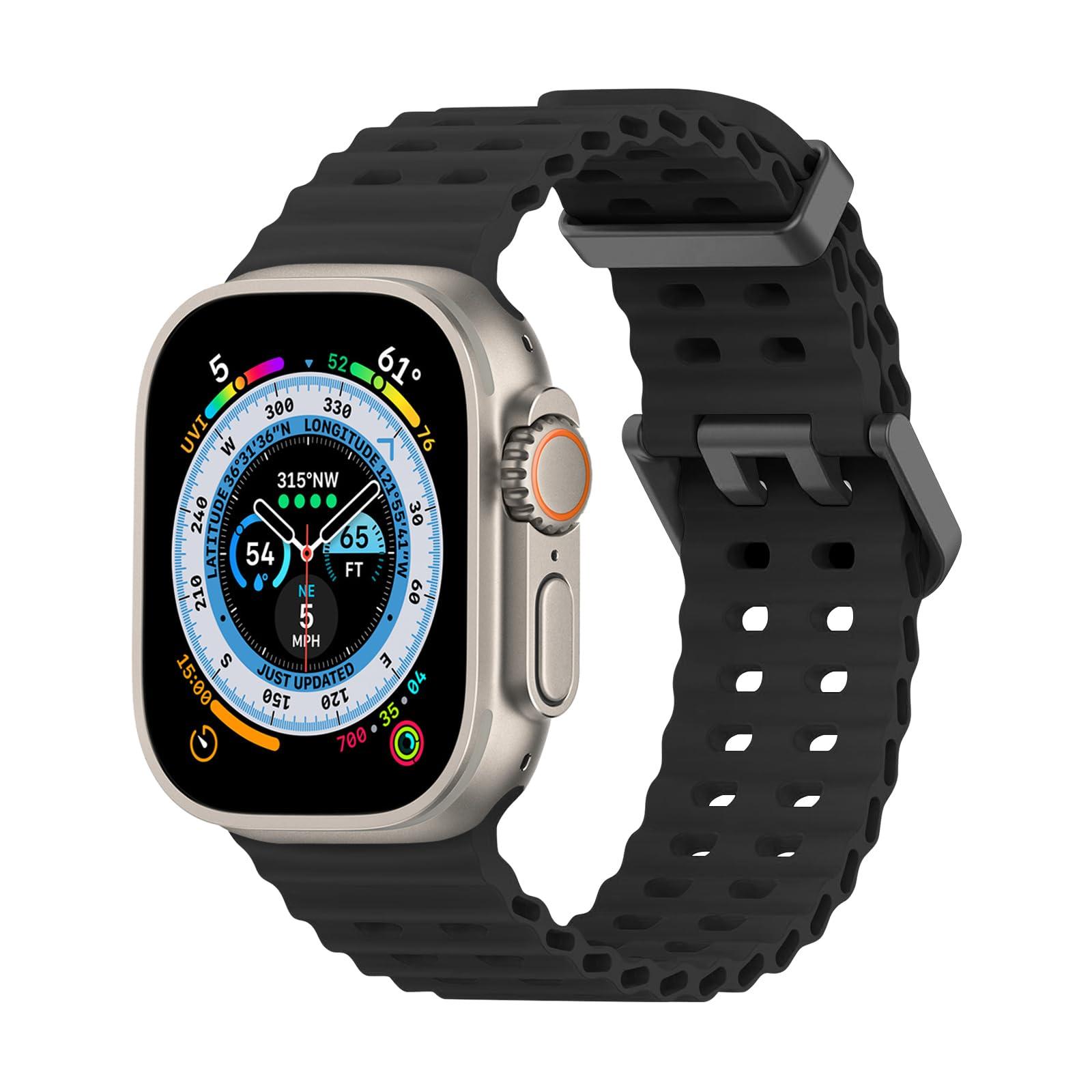 Ycysh Ocean Band Compatible with Apple Watch Ultra 2 / Ultra 49mm 45mm 44mm 42mm for Women Men, Silicone Sport Band Replacement for iWatch Ultra 2 Series 9 8 7 6 5 4 3 2 1 SE (Black)
