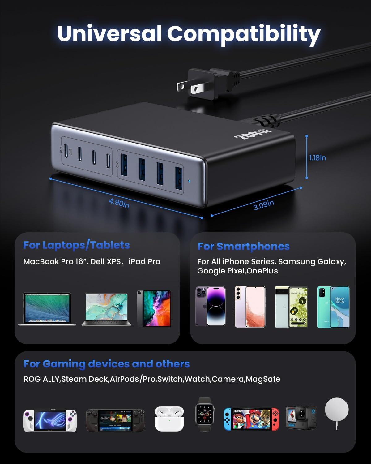 200W USB C Charger Block,GaN IV Charging Station 8 Ports,QC4.0 Fast Charging Station Hub+PD 65W USB C Laptop Charger Adapter Compatible with MacBook Air/Pro,DELL,iPhone 16/15,iPad,Steam Deck-Black - Image 3