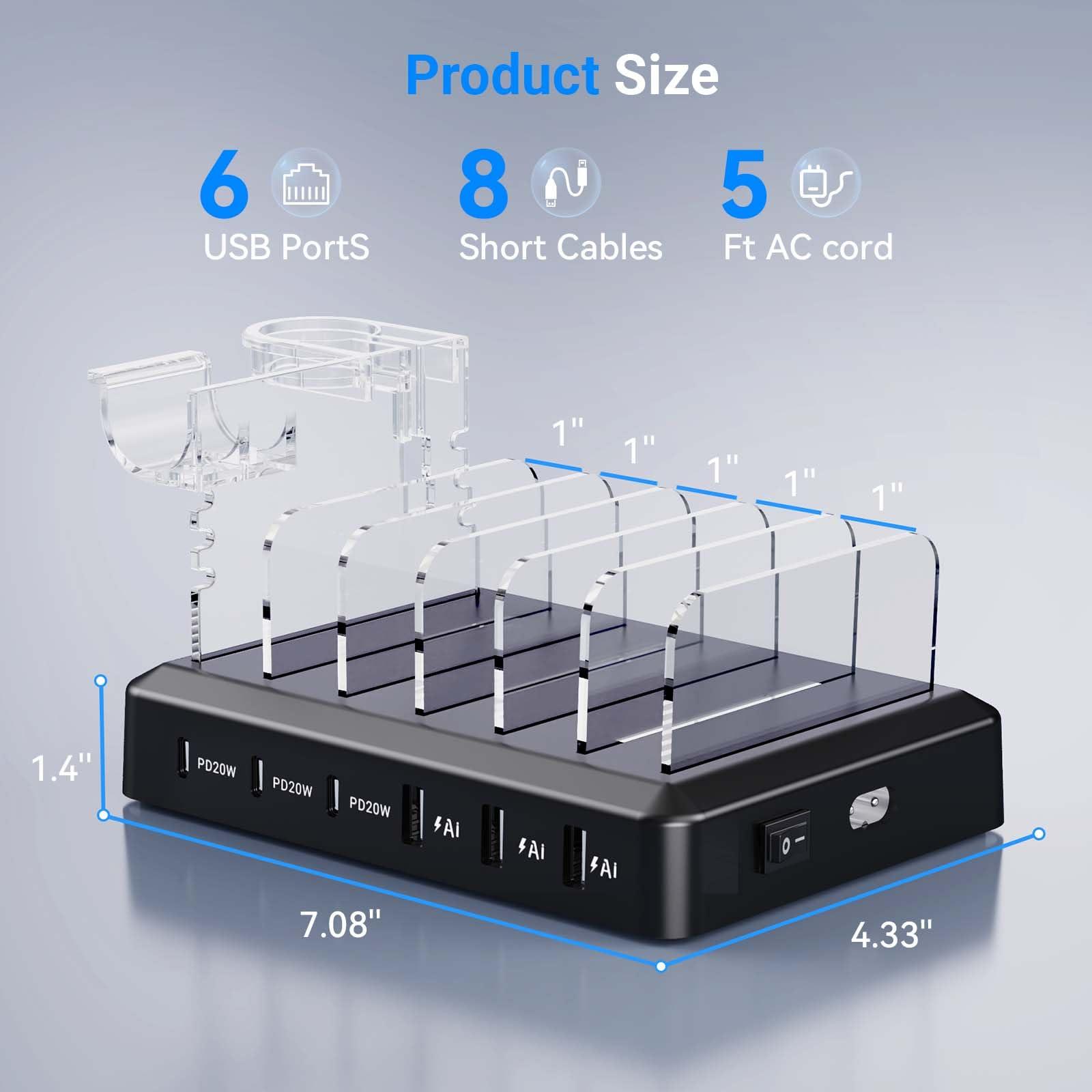 Catlyn Charging Station for Multiple Devices, 6 Port 90W Fast Charger Stations with 8 Mixed Charger Cables Organizer Dock,Compatible for Cell Phone,Tablet, Kindle, iPhone iPad for Family Home Office - Image 6