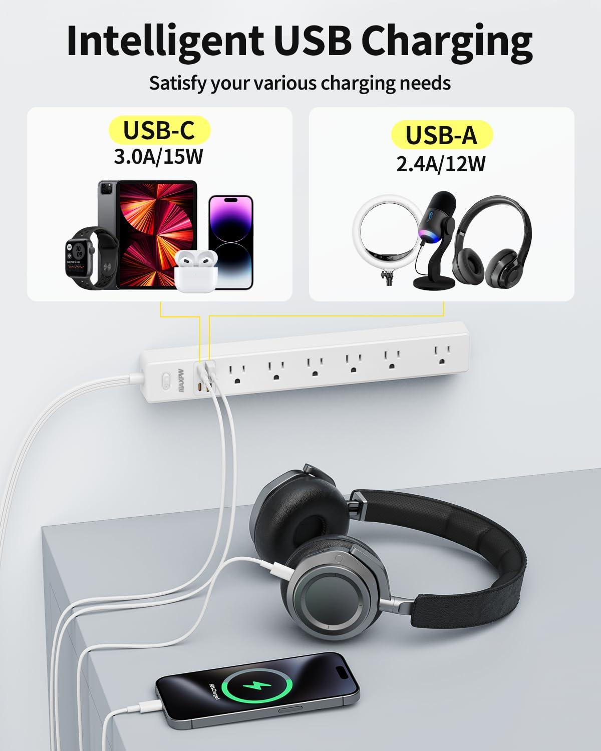 10 Ft Power Strip Surge Protector - 7 Outlets 4 USB Ports (2 USB C), Ultra Thin Flat Extension Cord & Flat Plug, 1700 Joules, Wall Mount, Desk Charging Station for Home Office Dorm, White - Image 4
