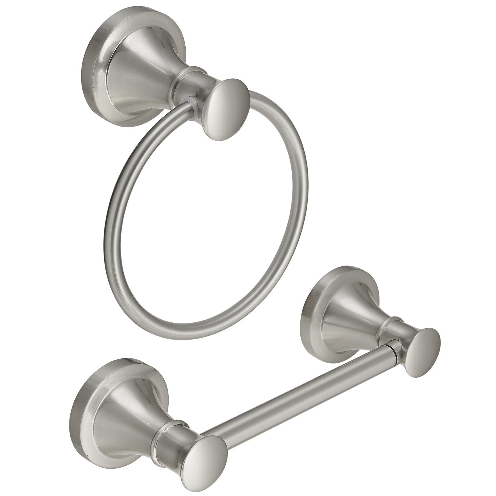RUMOSE Toilet Paper Holder and Hand Towel Ring Brushed Nickel Wall Mount Bathroom Hardware Accessories 2 PCS Set Flexible Pivoting Toilet Tissue Roll Holder and Towel Hanger, Stainless Steel