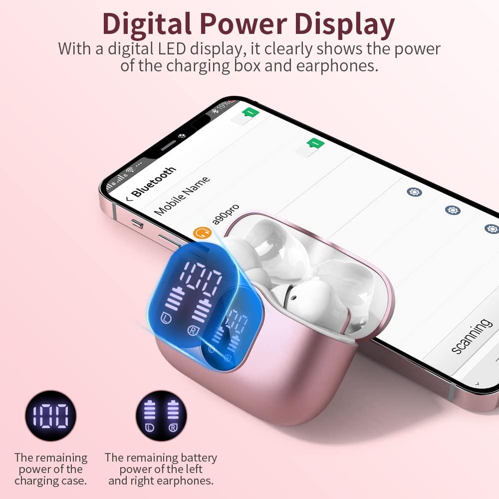 Wireless Earbuds Bluetooth 5.3 Headphones Bass Stereo Ear Buds with Noise Cancelling Mic LED Display in Ear Earphones IP7 Waterproof 36H Playtime for Laptop Pad Phones Sports Workout Rose Gold - Image 6