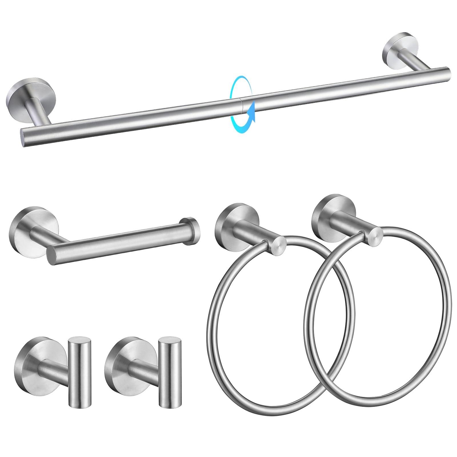 TQKAG Brushed Nickel Bathroom Hardware Set 6-Piece Bathroom Accessory Set 23.6 Inch Round Stainless Steel Towel Bar Set Wall Mounted