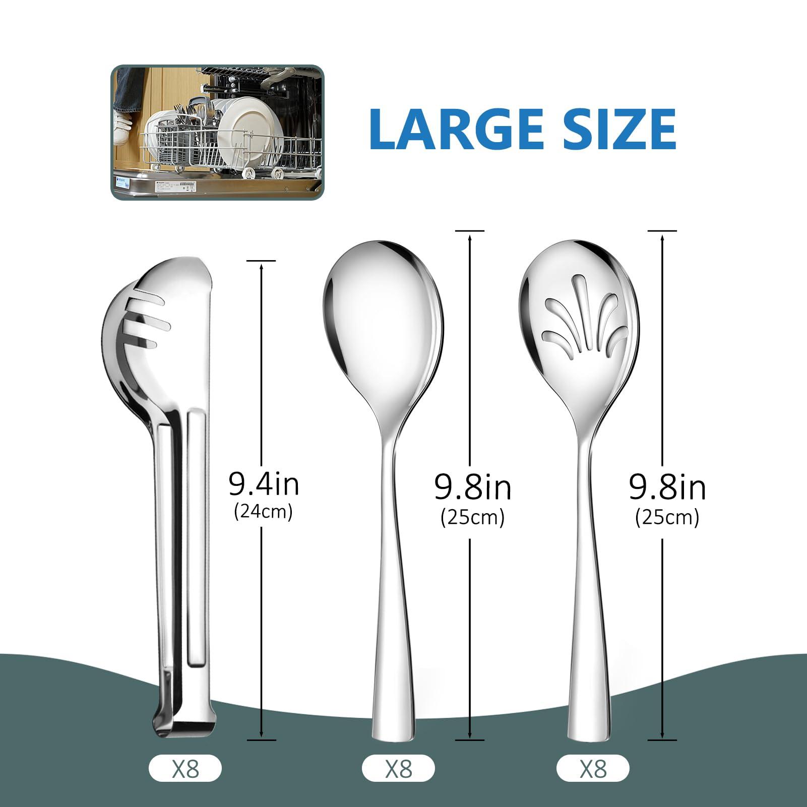 24 Pack Stainless Steel Large Serving Utensils Set - 10" Serving Spoons x 8, 10" Slotted Spoons x 8, and 9" Serving Tongs x 8 by Teivio, for Buffet, Chafing Dish, Catering Supplies (Silver) - Image 3