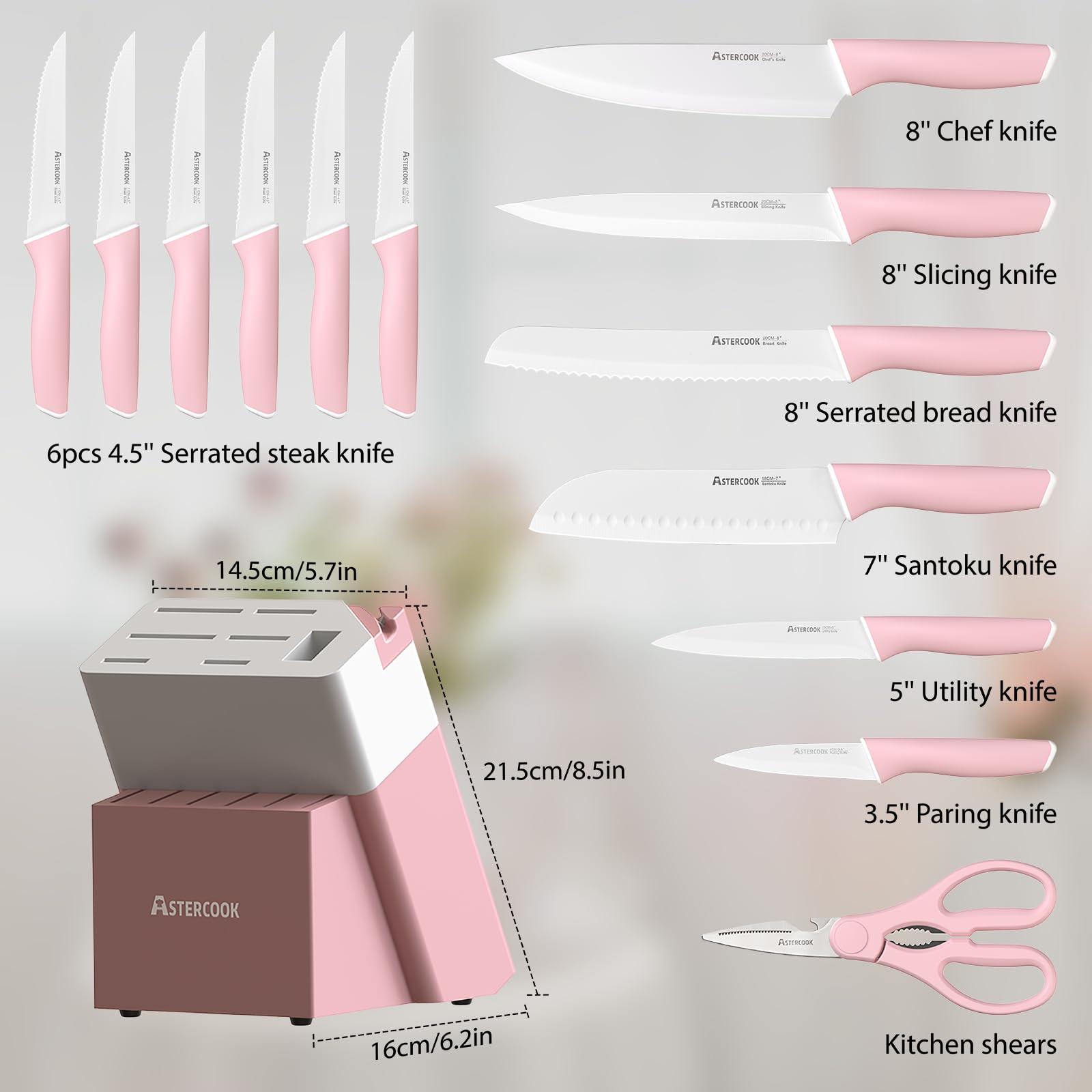 Astercook Knife Set, Kitchen Knives Set with Block and Sharpener Ceramic Coating 15 Pcs German Stainless Steel Knives Sharp Blade Dishwasher Safe Knife Block Set with Ergonomic Handle, Crystal Pink - Image 5