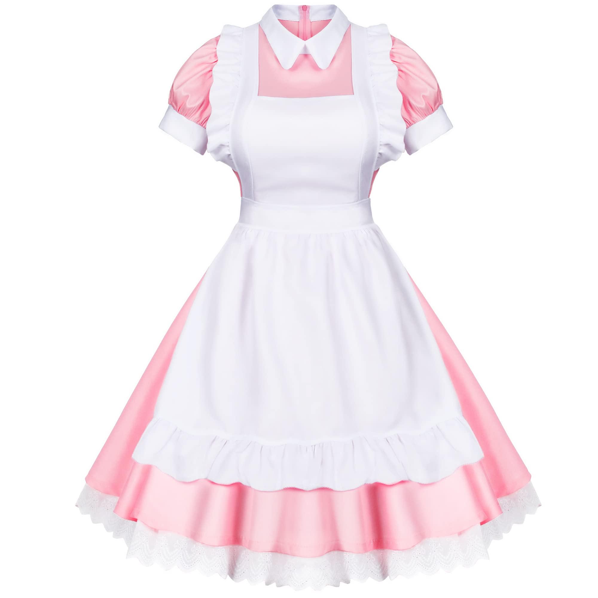 Wannsee Japanese Anime 6Pcs Lolita French Maid Apron Fancy Dress Cosplay Costume Gloves Headwear Socks set(Pink L) - Image 3