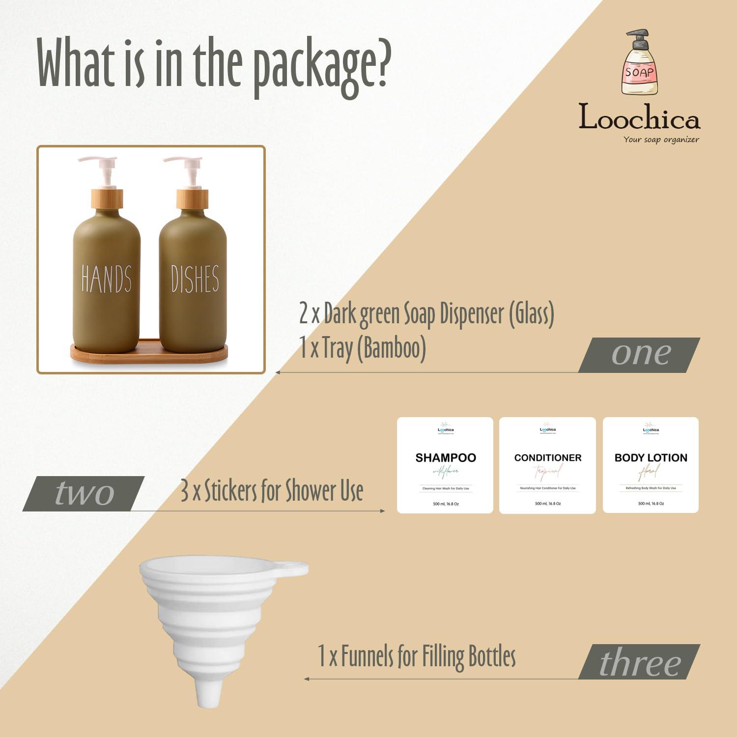 Loochica 2 Pack Sage Green Glass Soap Dispenser Set with Tray, Hand and Dish Glass Soap Dispensers for Kitchen Sink, Kitchen Soap Dispenser Set Suitable for Kitchen Décor - Image 3