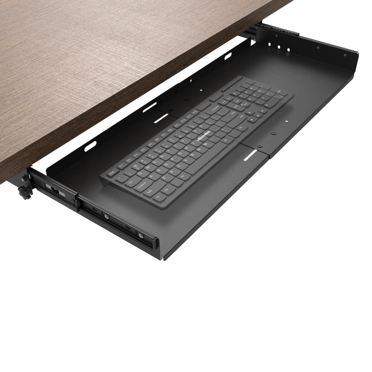JINGCHENGMEI Sliding Keyboard Tray Under Desk, Pull-Out Keyboard and Mouse Tray, 27 x 9.8 inches Large Platform Slide-Out Computer Drawer for Typing, Metal, Black