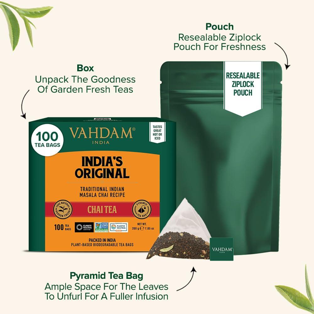 VAHDAM, India's Original Masala Chai Tea Bags (100 Count) No Added Flavoring | Blended w/Exotic Spices | Whole Leaf Tea Bags | Resealable Ziplock Pouch - Image 4