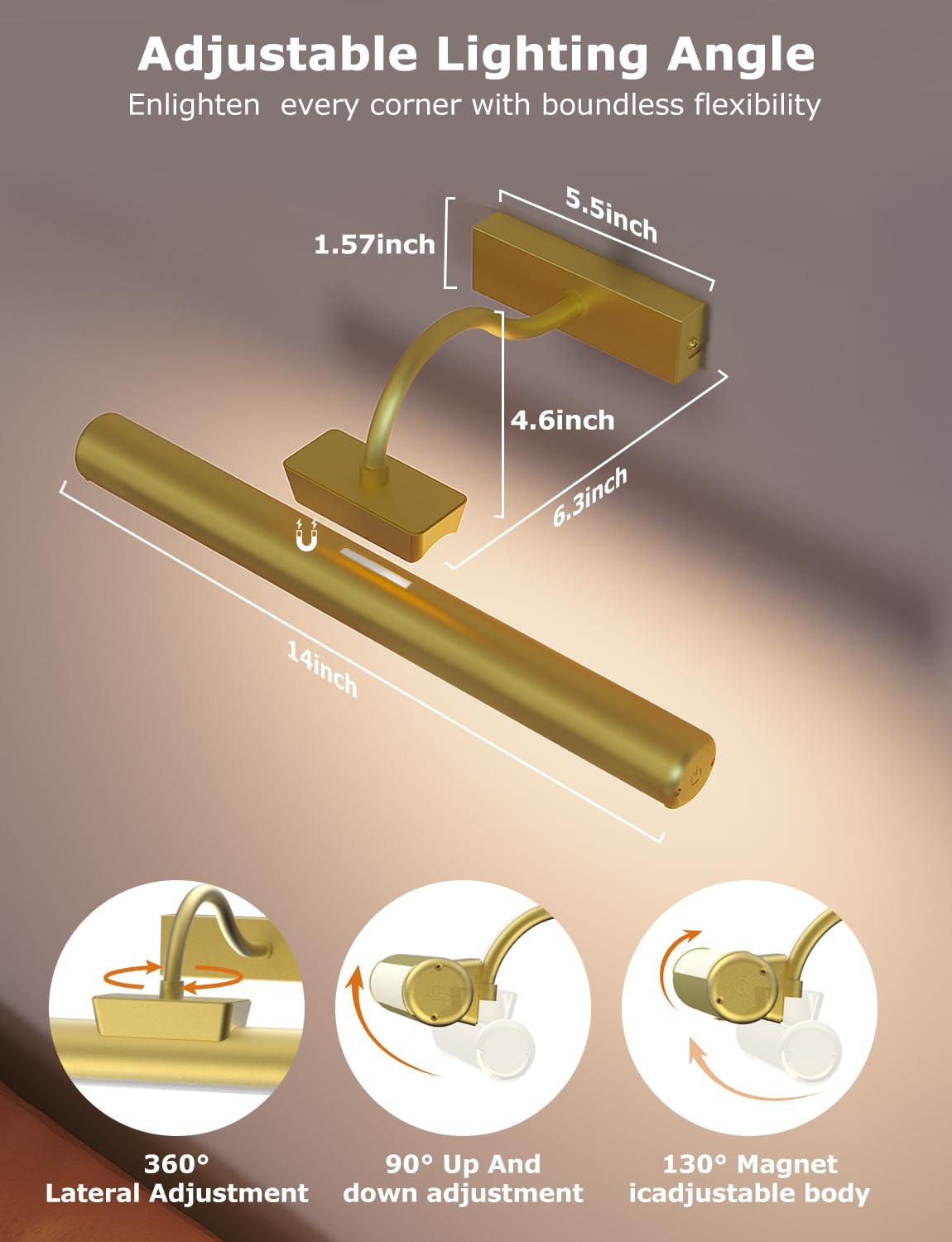 Picture Light Battery Operated, 13in Wireless Art Light for Paintings, Dimmable 5000mAh Recharging Battery Picture Light with Remote Control for Wall, Gallery Dartboard Art Bedroom (Gold-2Pack) - Image 4