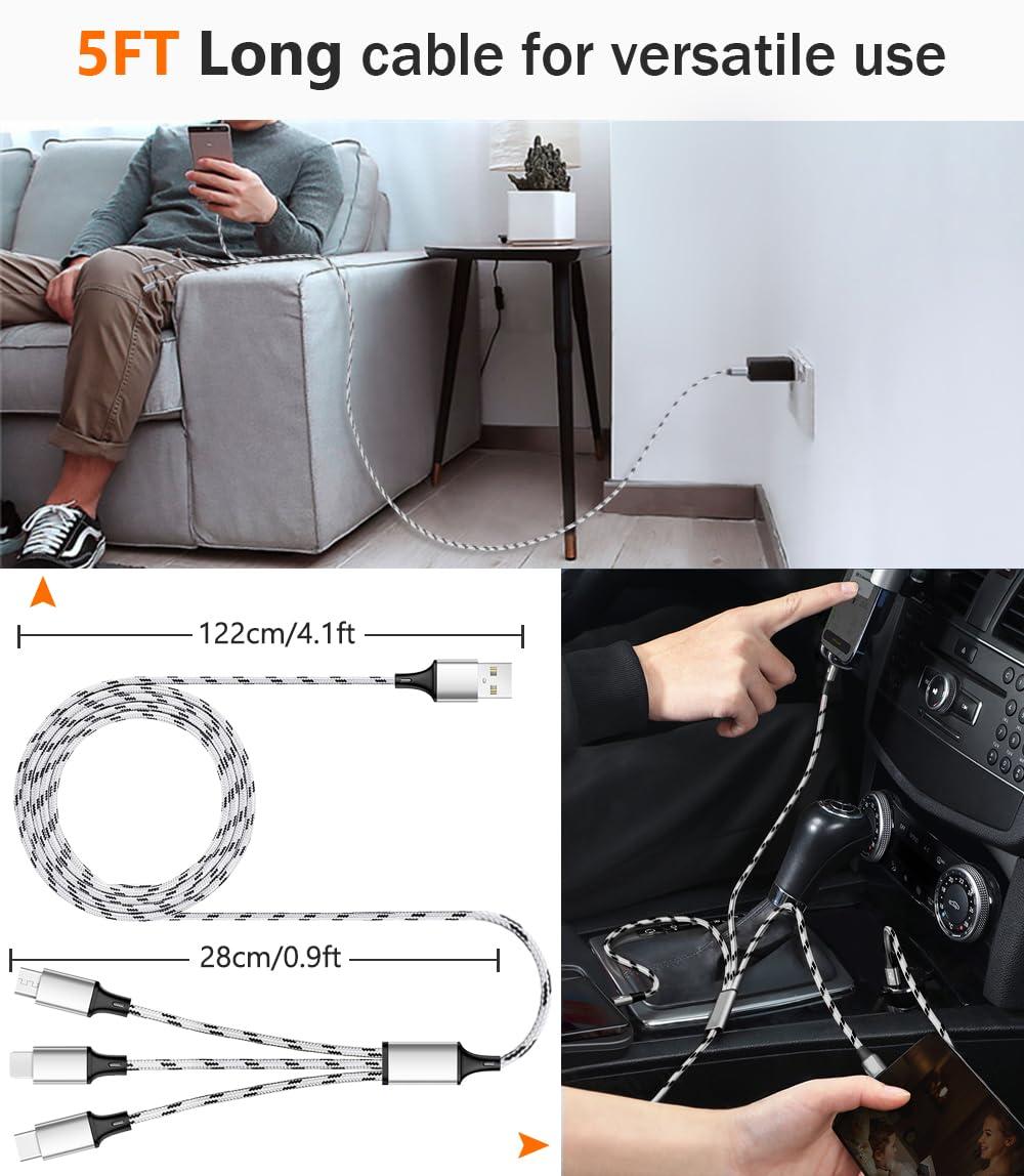 Multi Charging Cable, 5ft 3Pack Multi Charger Cable Nylon Braided Multiple USB Universal 3 in 1 Charging Cord Adapter with Type-C, Micro USB Port Connectors for Cell Phones and More - Image 3