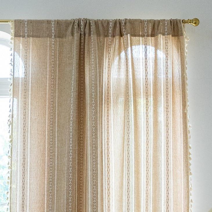 Sutuo Home Boho Curtain for Bedroom Living Room 84 Inches Length, Light Filtering French Country Farmhouse Vintage Chic Tassels Hollow Window Treatment Bohemian Drape, 1 Panel 52" W x 84" L Natural - Image 3