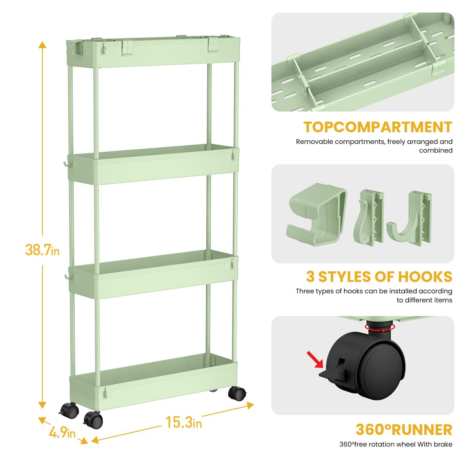 SPACELEAD Slim Storage Cart 4 Tier,Bathroom Organizer Rolling Utility,Mobile Shelving Unit Slide Out for Office, Kitchen, Laundry Room & Narrow Places，Green - Image 2