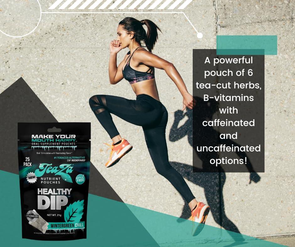 TeaZa Herbal Energy Pouches Tobacco Free Dip Nicotine Free, Smokeless Alternative Snuff Healthy Chewing Dipping Alternative, Wintergreen Chill (1 Pack) No Caffeine Refreshing Cool Flavor - Image 3