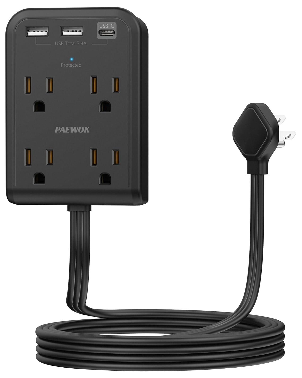 Flat Electrical Outlet Extender with USB C Ports, 4 Outlet 3 USB Wall Plug, 6 ft Ultra Thin Extension Cord, Flat Plug Power Strip Surge Protector for Home, Office. Black