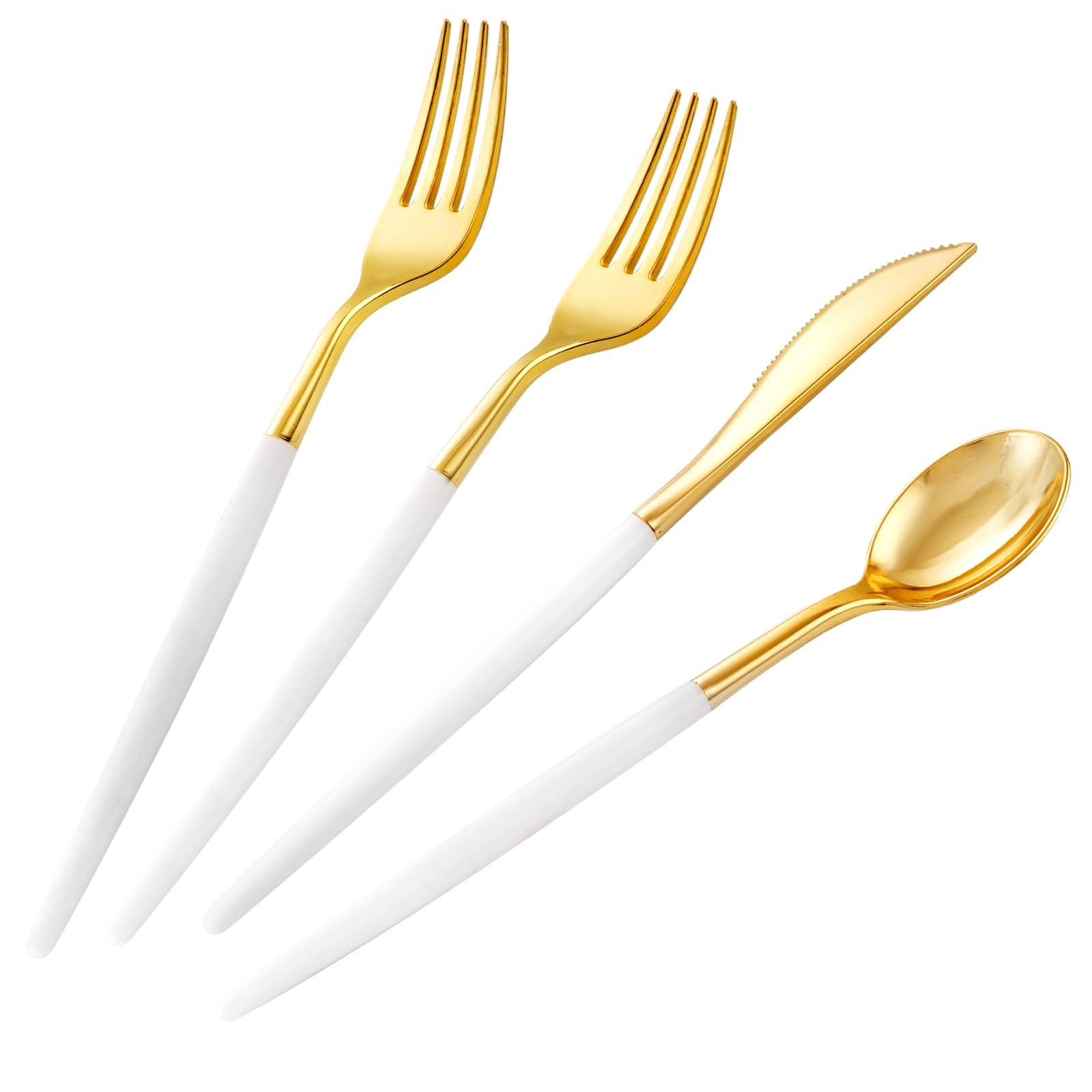 SUT Gold Plastic Silverware, 160Pcs Gold Utensils Set Disposable, 80 Gold Plastic Forks, 40 Gold Knives, 40 Gold Spoons, Gold Plastic Cutlery for Parties, Dinners, Weddings(White Gold)