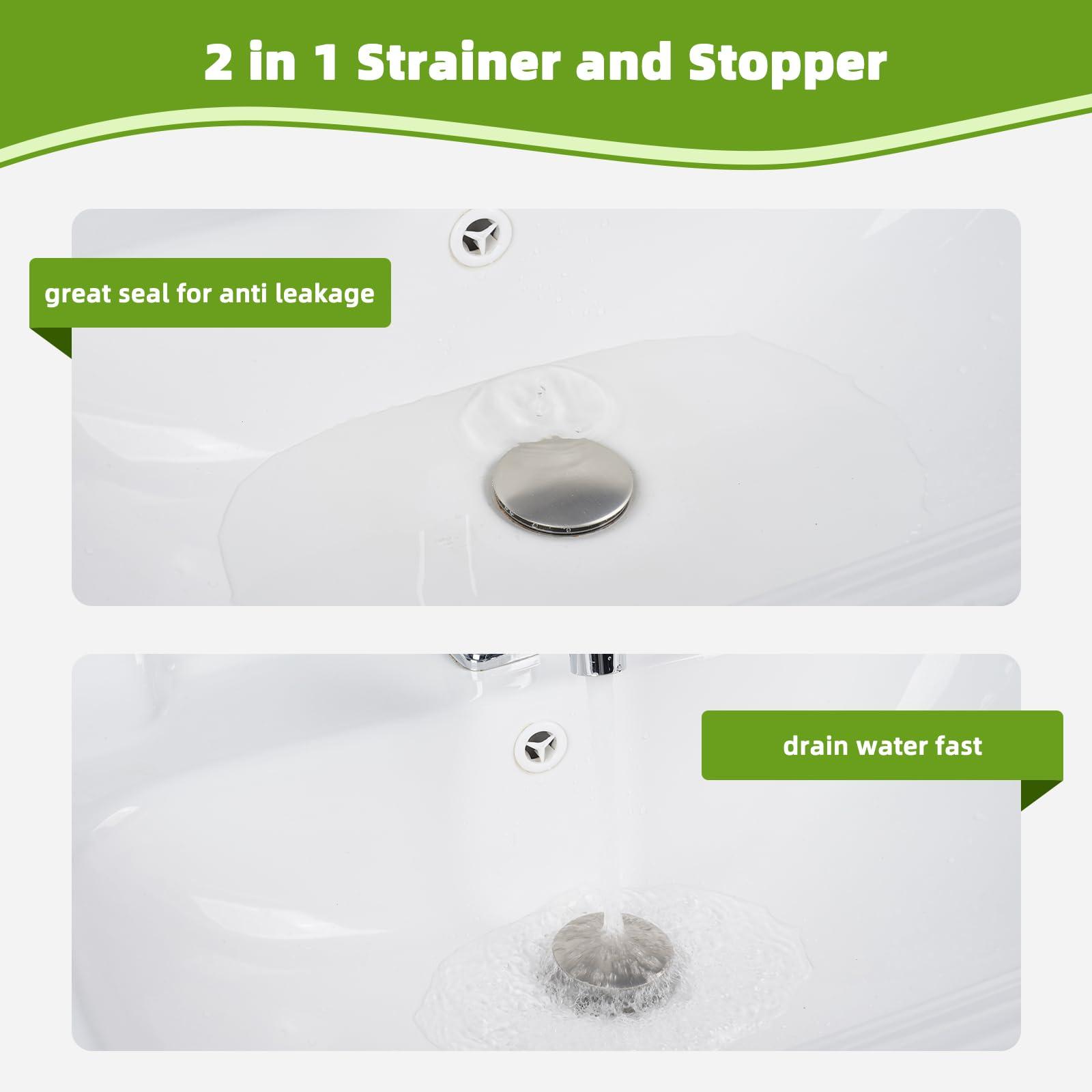 Hygie Rinse Universal Bathroom Sink Stopper All Metal 2 in 1 Pop Up Basin Sink Drain Strainer for 1.1~2.3 Inch US Standard Sink Drain Strainer with Hair Catcher, Anti-Clog, Brushed Nickel - Image 5