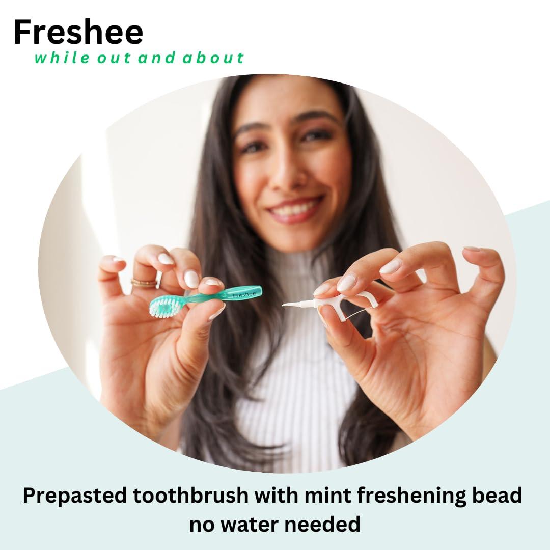 Freshee 5 in 1 Disposable Mini Toothbrush with Toothpaste + Floss + Pick + Tongue Scraper | Travel Size | Individually Wrapped | Soft | Mint | Travel Set | Oral Care - Image 4