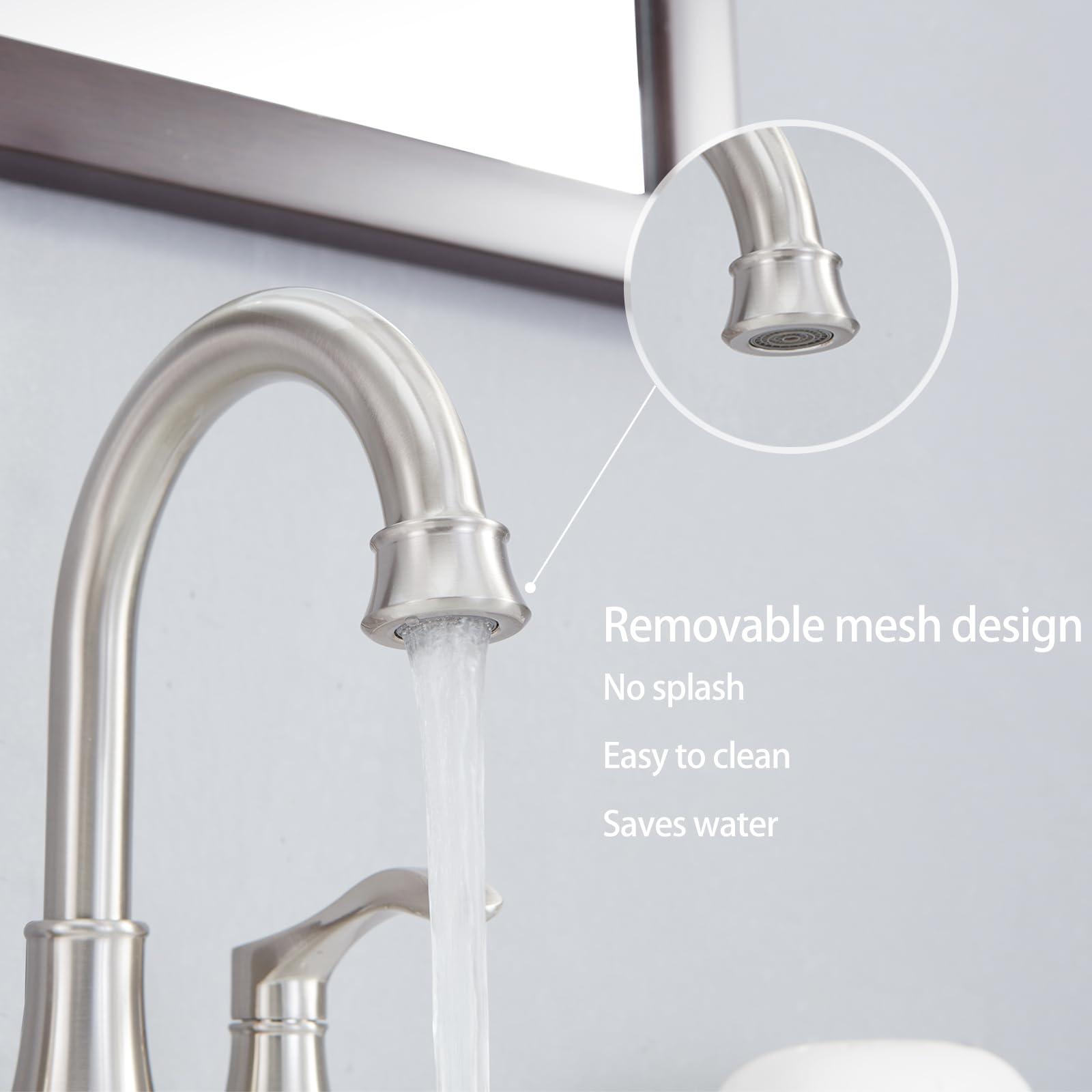 Lead-Free Commercial 2-Handle Brushed Nickel Bathroom Sink Faucet, 360° Swivel High-Arc Spout 4 Inch Centerset Lavatory Vanity Faucets Set for Bathroom Sink with Pop-up Drain & Water Hoses - Image 8
