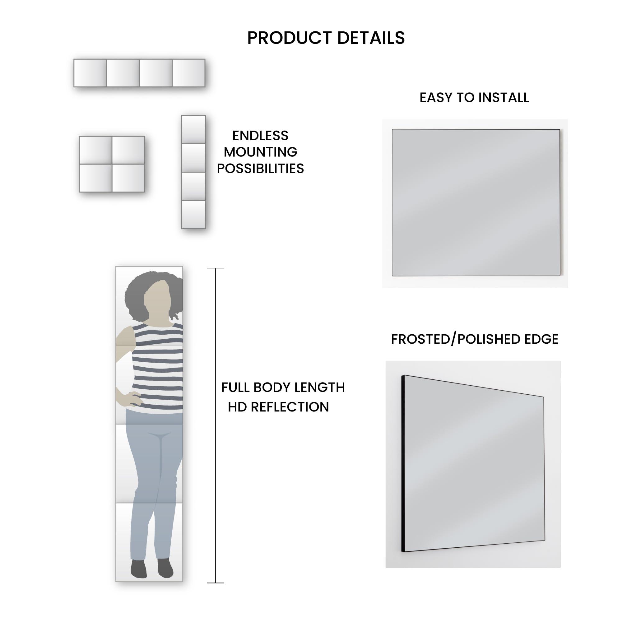 Dulles Glass - Wall Mirrors, 12''x 10'' Glass Wall Mirror Tiles (16 PCS), Large Full Body Mirror for Home Gym, Bedroom, Door, Bathroom, Frameless Mirror Tiles (Glass - 12'' x 10'' - 16PCS) - Image 5