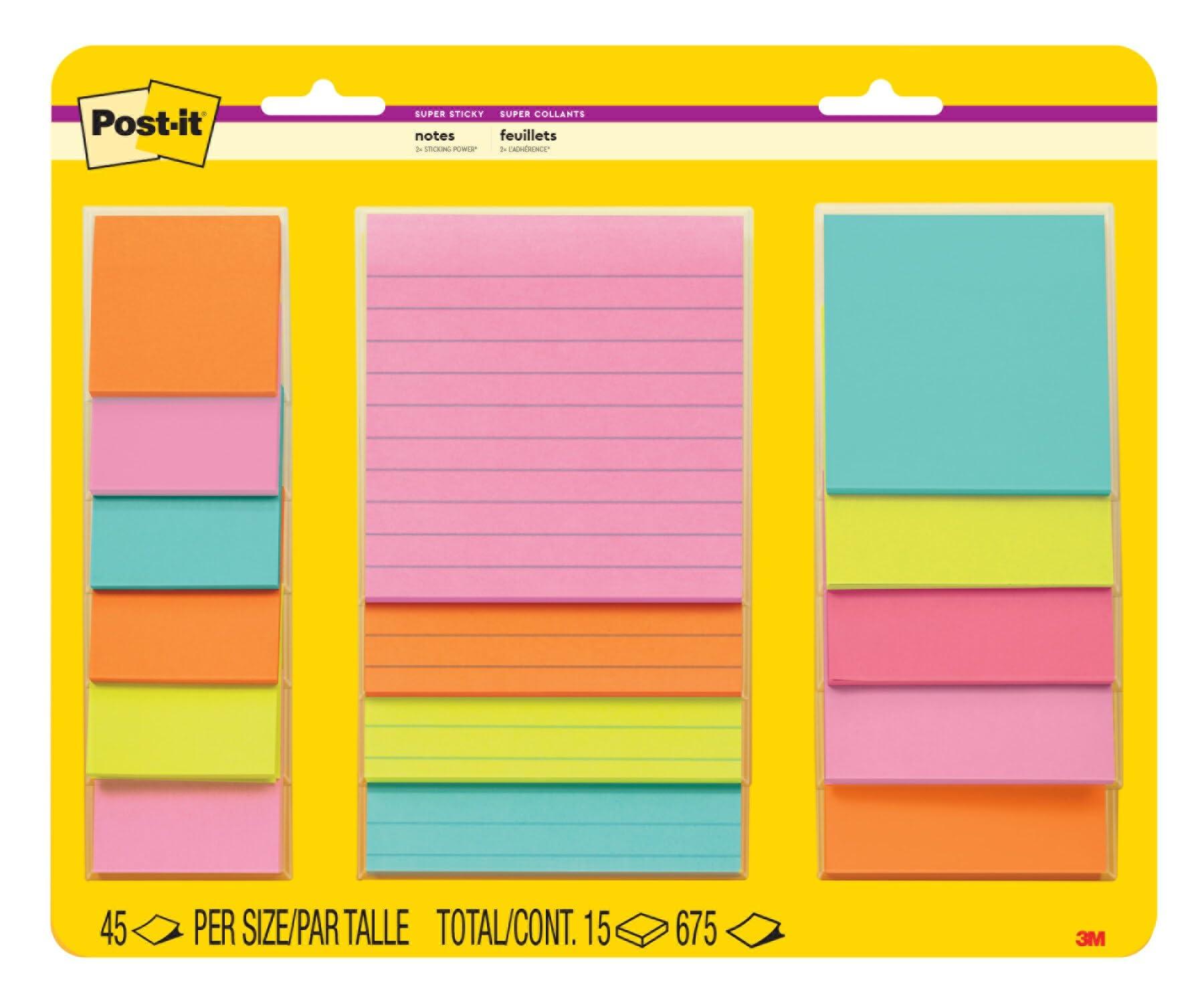 Post-it Super Sticky Notes, Assorted Sizes, 15 Pads, 2X The Sticking Power, Supernova Neons Collection, Neon Colors (Orange, Pink, Blue, Green), Recyclable (4423-15SSMIA)