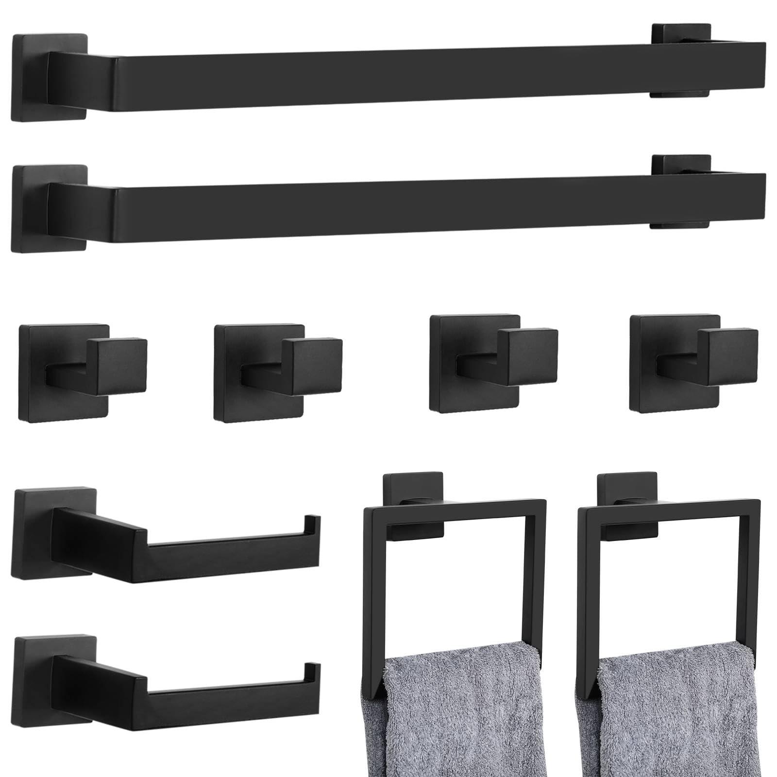 10-Piece Matte Black Bathroom Hardware Set Towel Bar Set for Bathroom Include 24 inch Towel Bar Towel Ring TP Holder Coat Hooks Stainless Steel Wall Mounted Towel Holder Set