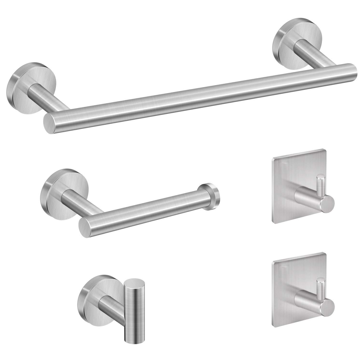 Tudoccy 5-Pieces Bathroom Hardware Set Brushed Nickel SUS304 Stainless Steel Round Wall Mounted - Includes 24" Hand Towel Bar, Toilet Paper Holder, 3 Robe Towel Hooks, Bathroom Accessories Kit