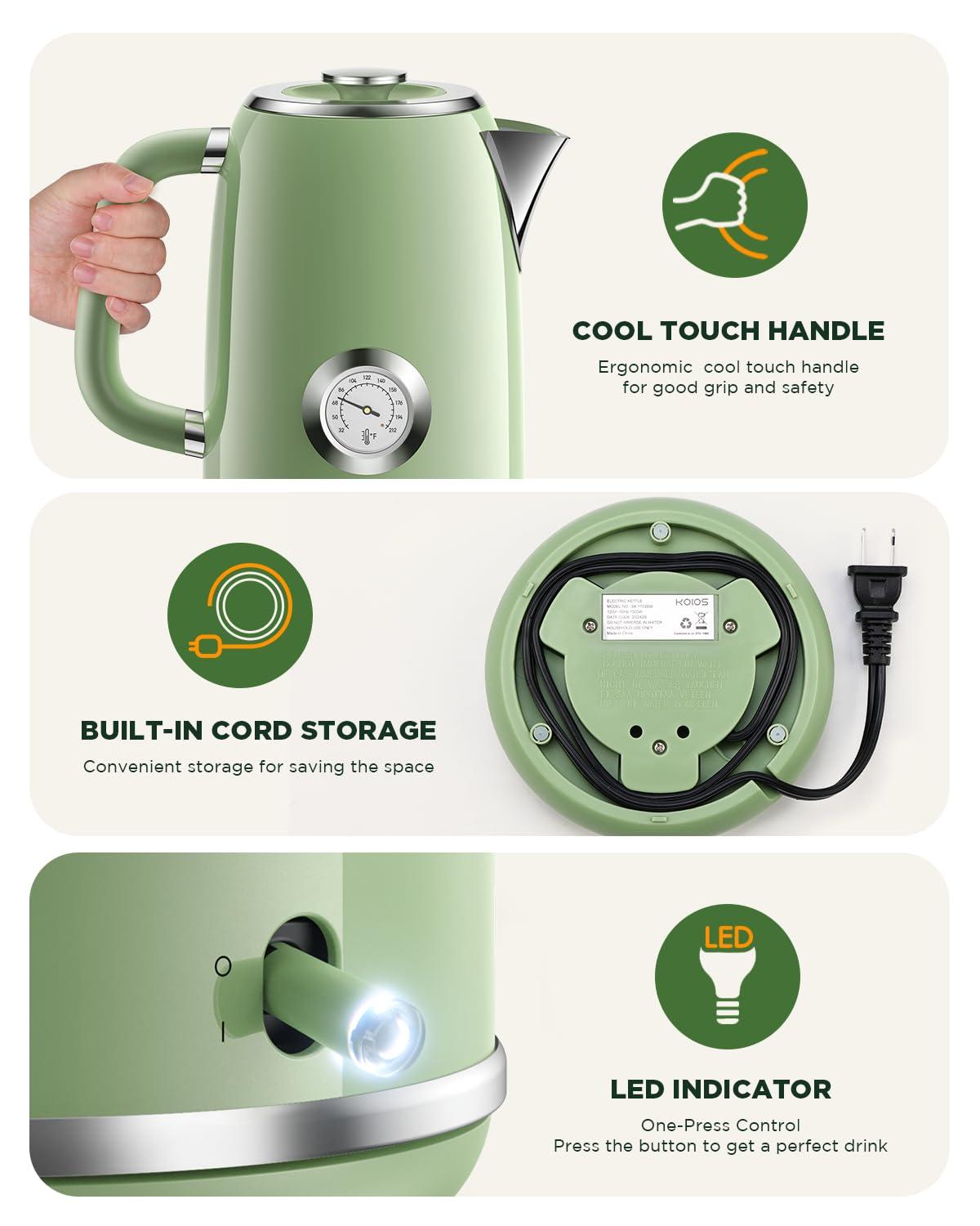Electric Kettle 1.8L with Temperature Gauge, 1500W Fast Boiling Electric Tea Kettle, 100% Stainless Steel Retro-Style Hot Water Kettle Electric - Glowing LED Light, Auto Shut-Off & Boil-Dry Protection - Image 9