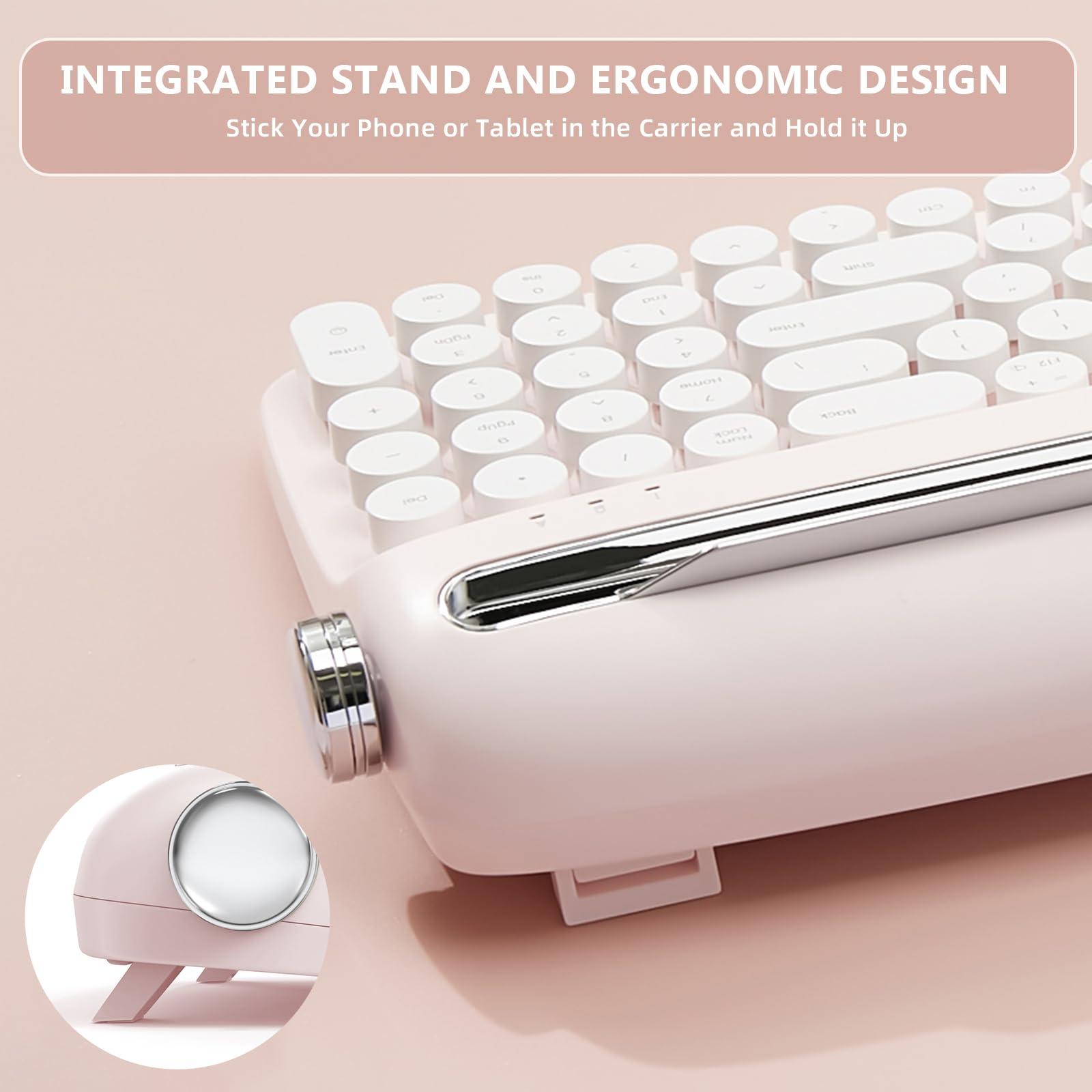YUNZII Upgraded Wireless Typewriter Keyboard,with Retro Integrated Stand,USB-C/Bluetooth,Cute Round Keycaps, USB-C/Bluetooth Connection for Table, Phone, PC and Win/Mac/Android (B309, Baby Pink) - Image 5
