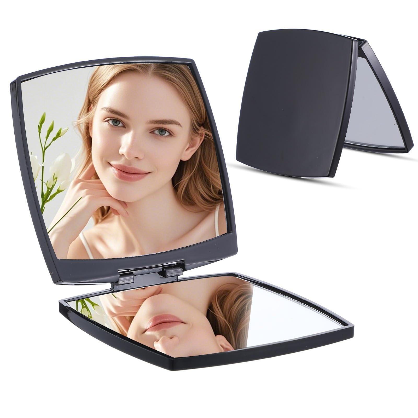 Nogeqi Compact Mirror for Purses,Travel Magnifying Mirror,Simple Style Small Mirror for Purse with Box,Foldable Pocket Mirror for Women,Travel Must Haves for Women Girl Makeup(2X/1X Black)
