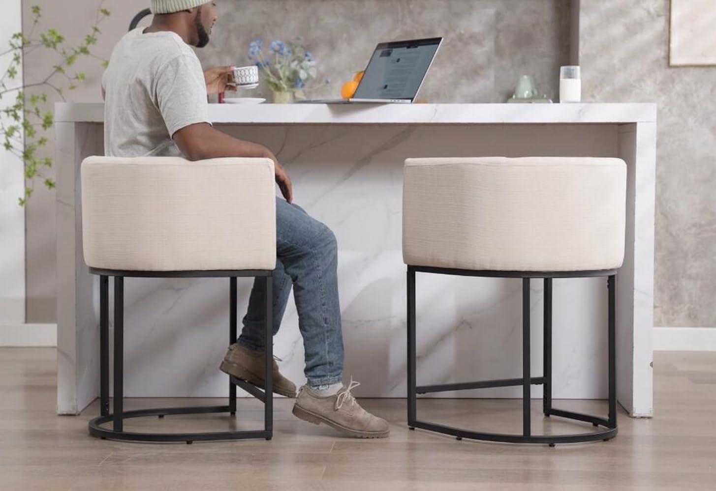 RIVOVA Contemporary Cream Linen Bar Stools Set of 3, 24" Upholstered Fabric Counter Height Barstools Kitchen Counter Island Stools with Screwed Together Black Metal Base - Image 3