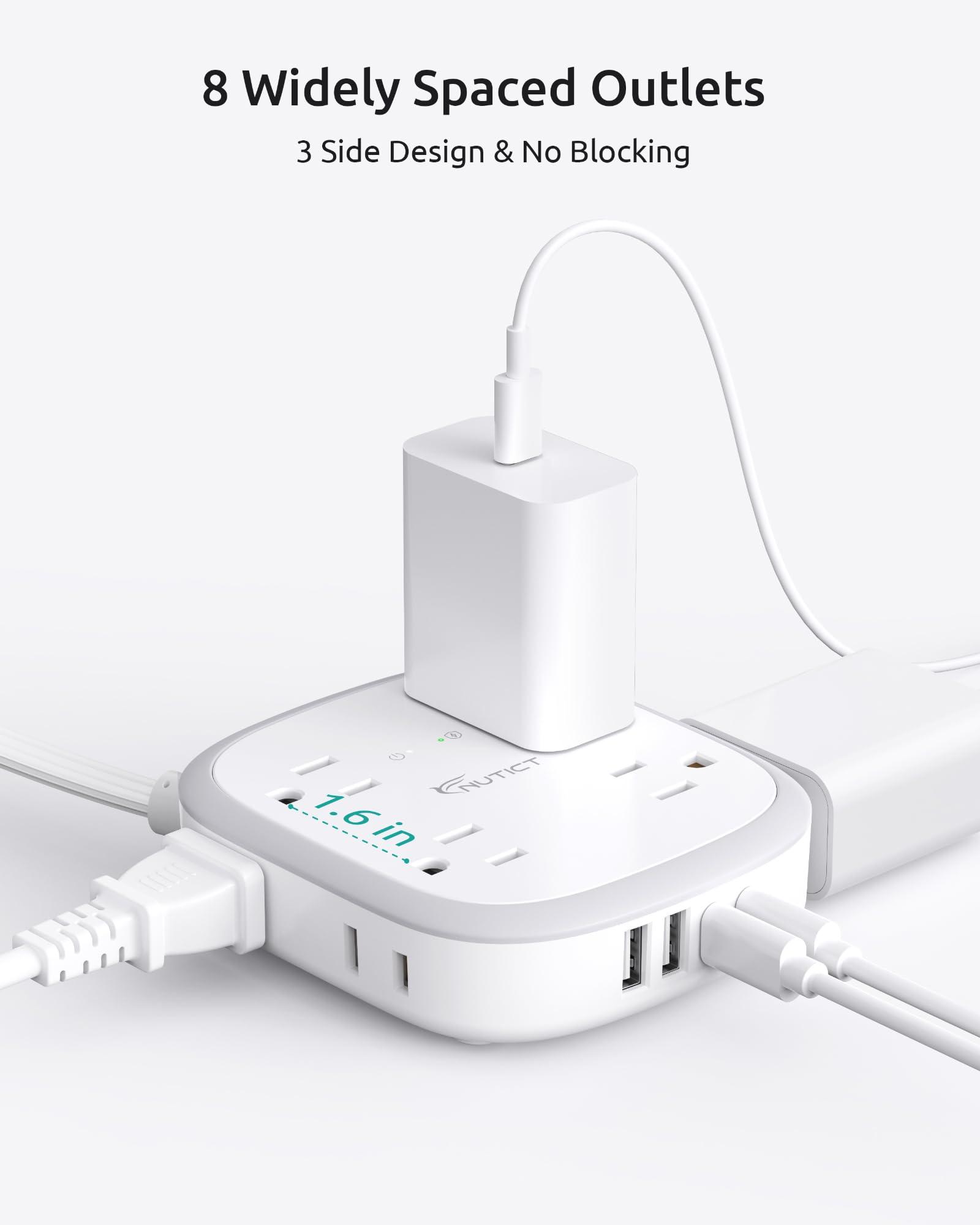 NUTICT Power Strip with USB C, Flat Plug Surge Protector, 8 Widely-Spaced Outlets & 4 USB (2 USB C), 5ft Extension Cord with Multiple Outlets, Travel Power Strip, 1700J, Compact for Home Office - Image 2